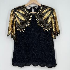 Vintage Laurence Kazar NY Silk Beaded Blouse Top Petite Medium Black Gold 80s
